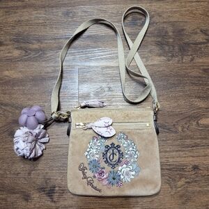 Juicy Couture Tan Velour Flower Embroidered Crossbody Purse Bag